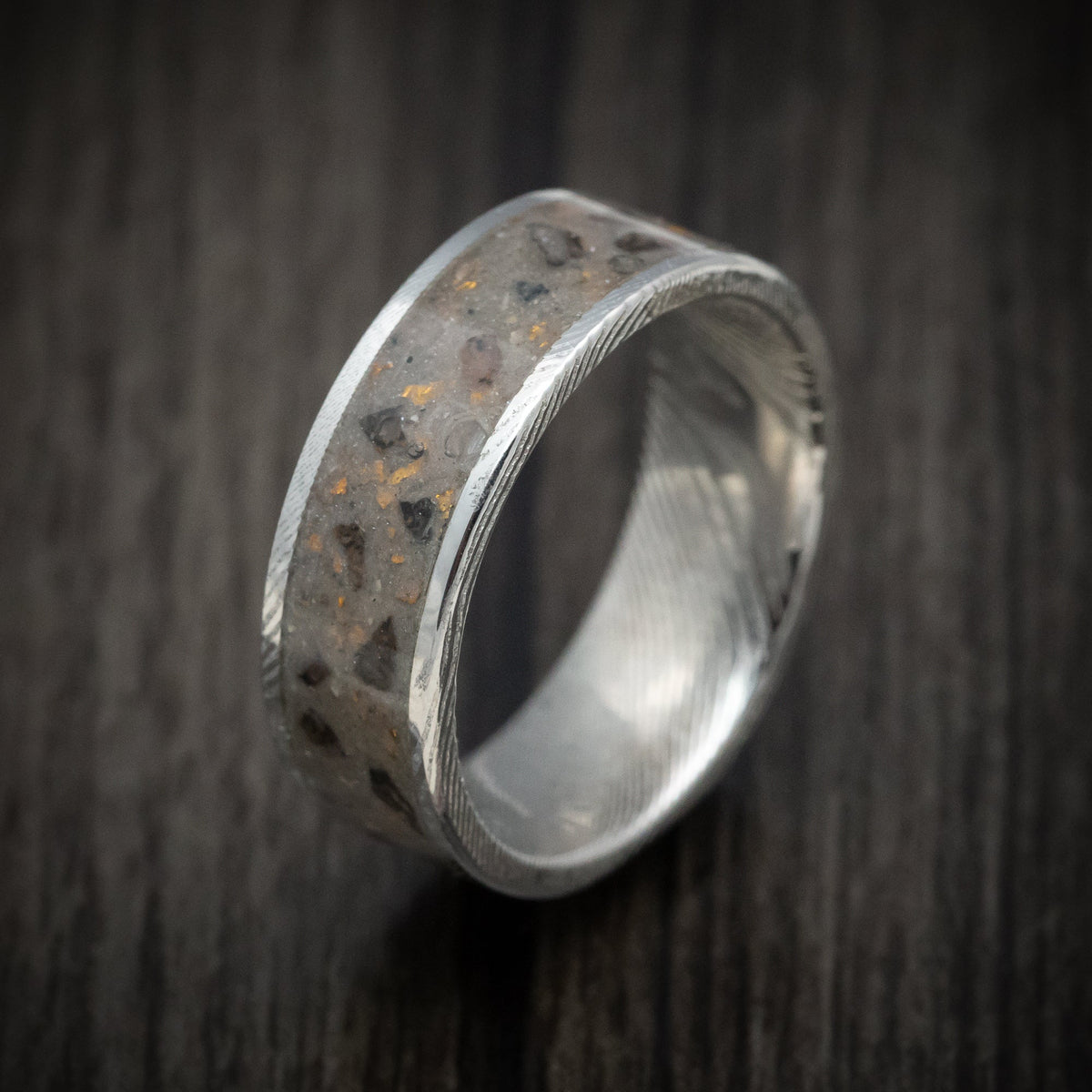 Bastion XI - Damascus Steel Men's Wedding Ring Tan Sand and Black Dinosaur Bone with Gold Flakes Inlay - view 3 - Nura Lab