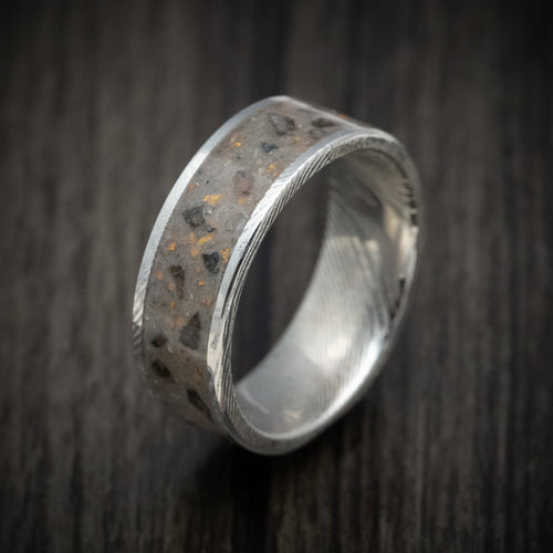 Bastion XI - Damascus Steel Men's Wedding Ring Tan Sand and Black Dinosaur Bone with Gold Flakes Inlay - view 3 - Nura Lab