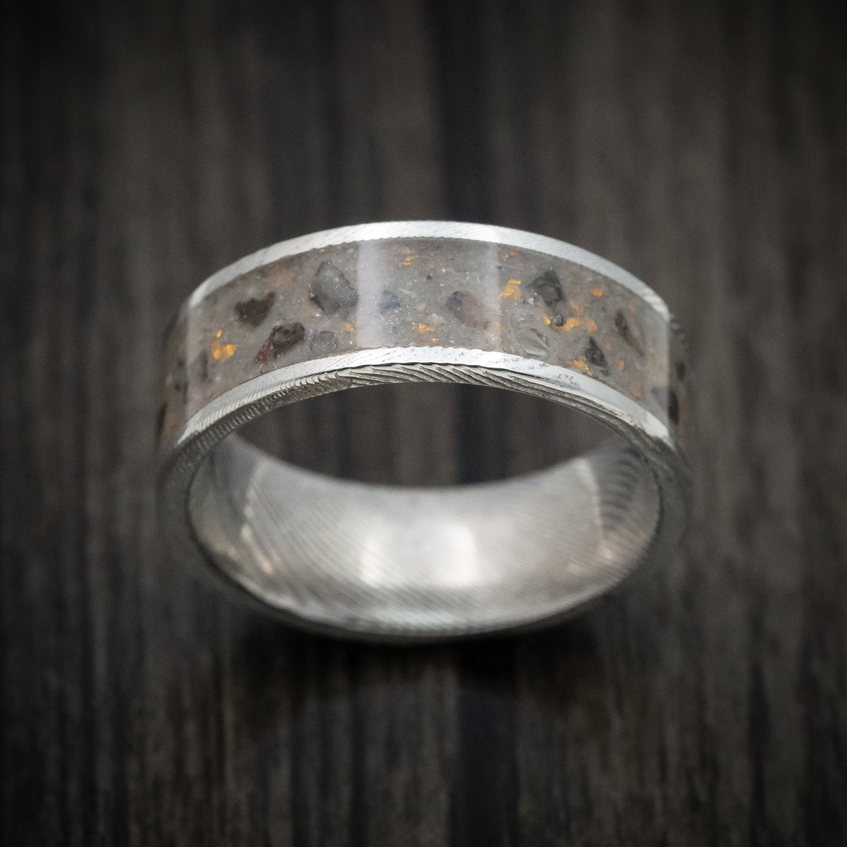 Bastion XI - Damascus Steel Men's Wedding Ring Tan Sand and Black Dinosaur Bone with Gold Flakes Inlay - view 2 - Nura Lab