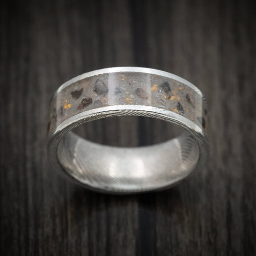 Bastion XI - Damascus Steel Men's Wedding Ring Tan Sand and Black Dinosaur Bone with Gold Flakes Inlay - view 2 - Nura Lab