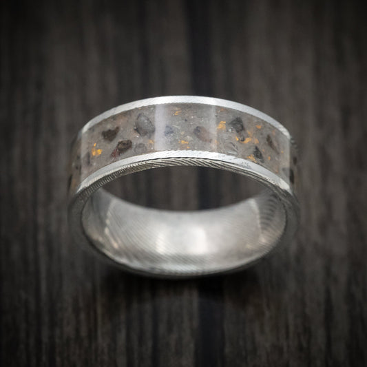 Bastion XI - Damascus Steel Men's Wedding Ring Tan Sand and Black Dinosaur Bone with Gold Flakes Inlay - view 2 - Nura Lab