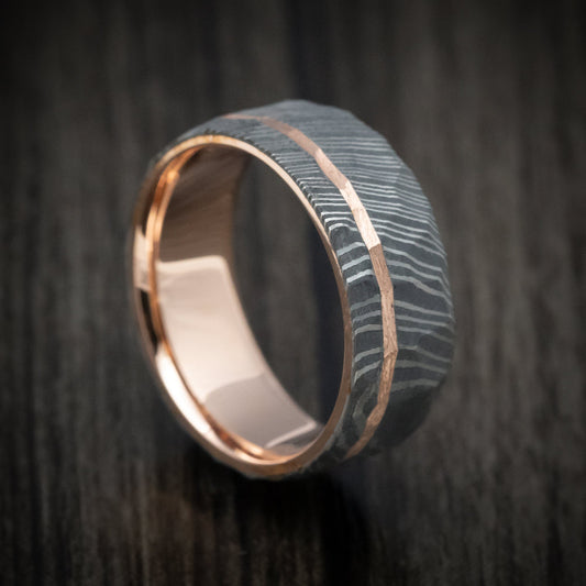 Kodiak IX - Damascus Steel 14K Gold Sleeve and Inlay Men's Wedding Ring with Rock Hammer Finish - Nura Lab
