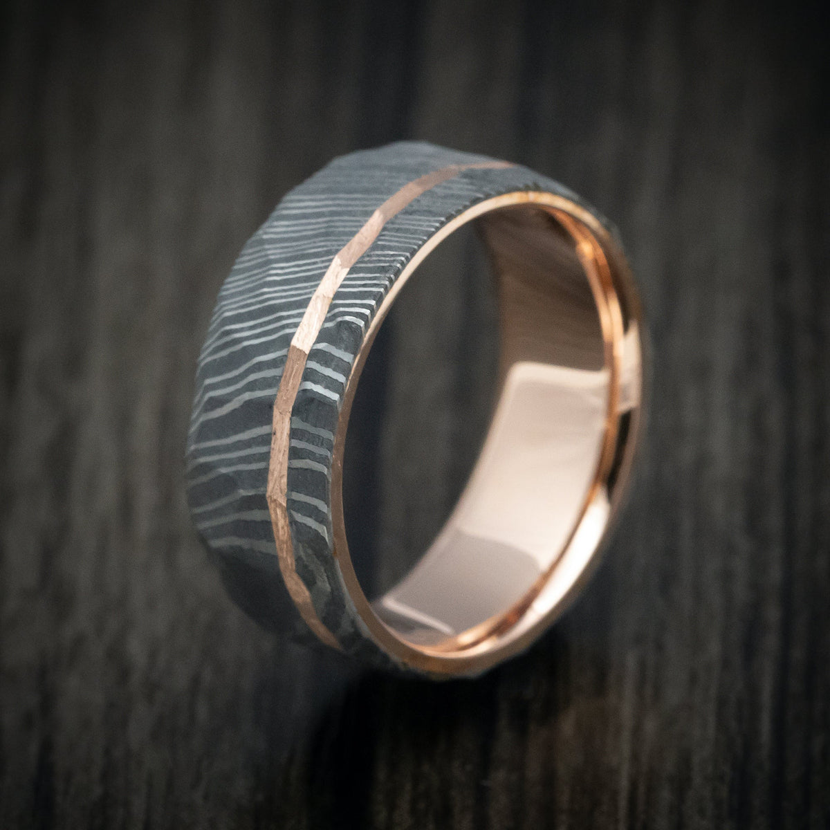 Kodiak IX - Damascus Steel 14K Gold Sleeve and Inlay Men's Wedding Ring with Rock Hammer Finish - view 4 - Nura Lab