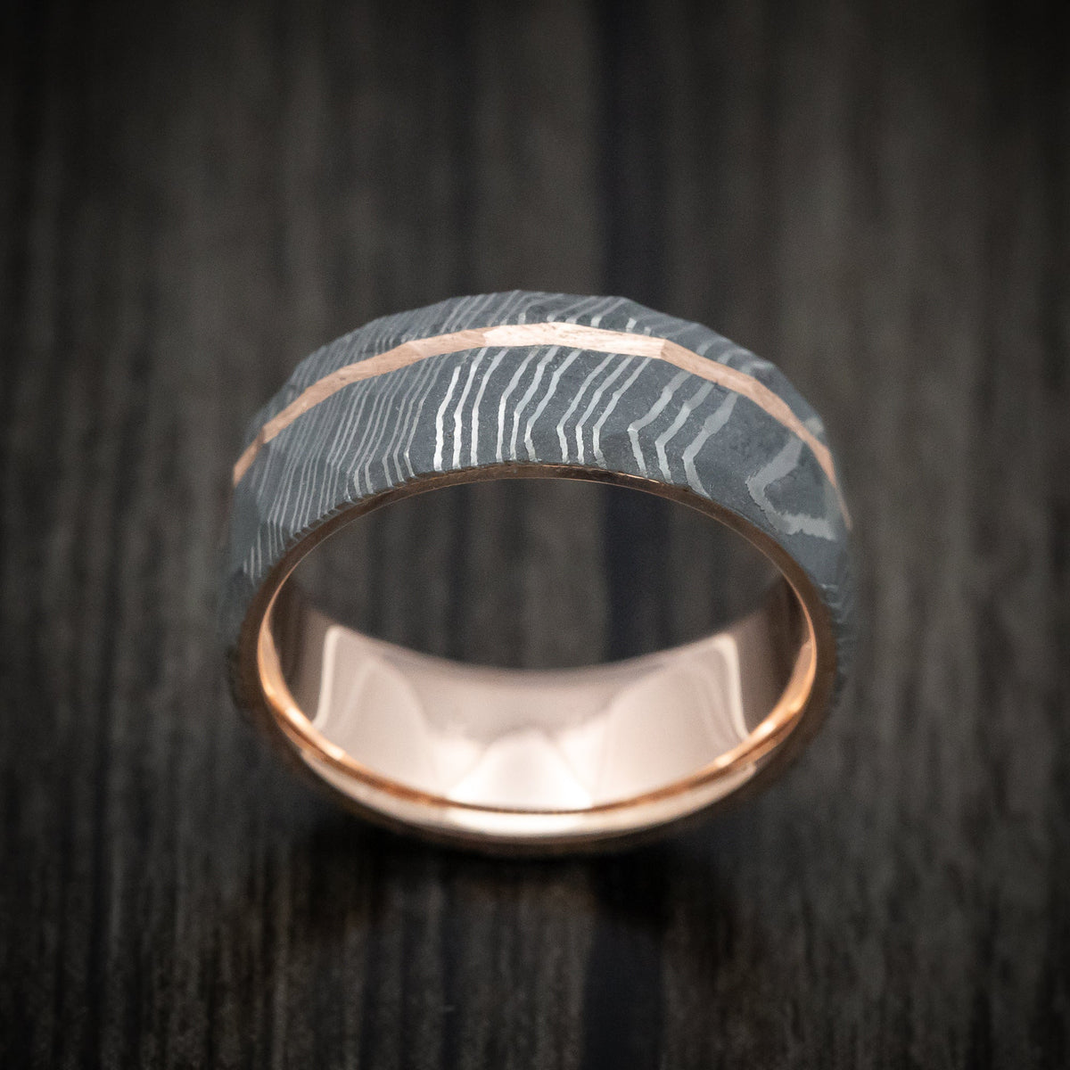 Kodiak IX - Damascus Steel 14K Gold Sleeve and Inlay Men's Wedding Ring with Rock Hammer Finish - view 2 - Nura Lab