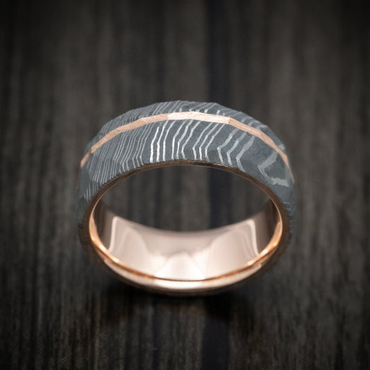 Kodiak IX - Damascus Steel 14K Gold Sleeve and Inlay Men's Wedding Ring with Rock Hammer Finish - view 2 - Nura Lab
