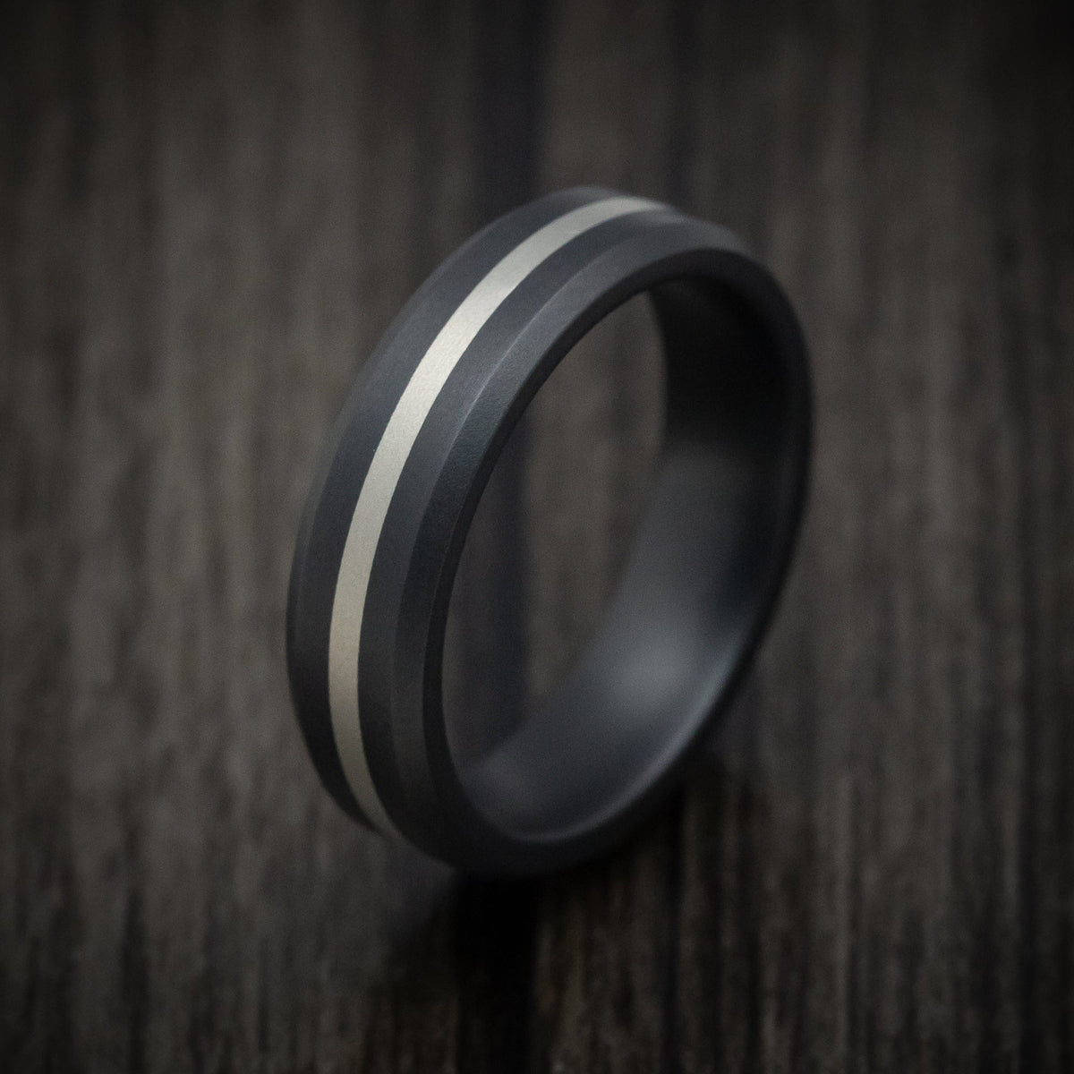Alpine XVII - Black Ceramic Men's Wedding Ring with 14K White Gold Inlay - view 3 - Nura Lab