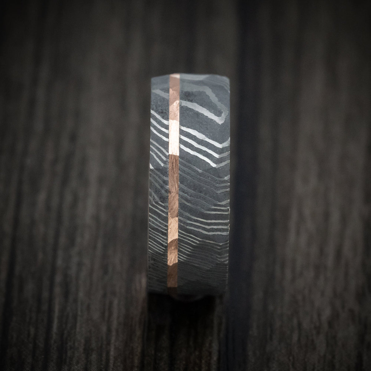 Kodiak IX - Damascus Steel 14K Gold Sleeve and Inlay Men's Wedding Ring with Rock Hammer Finish - view 3 - Nura Lab