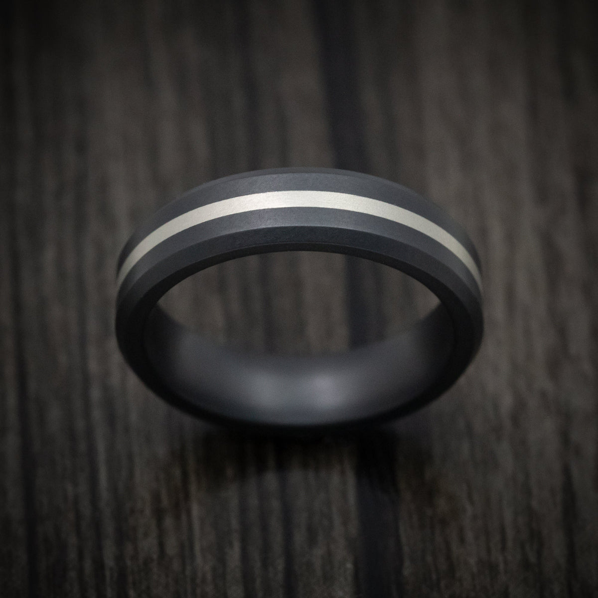 Alpine XVII - Black Ceramic Men's Wedding Ring with 14K White Gold Inlay - view 2 - Nura Lab