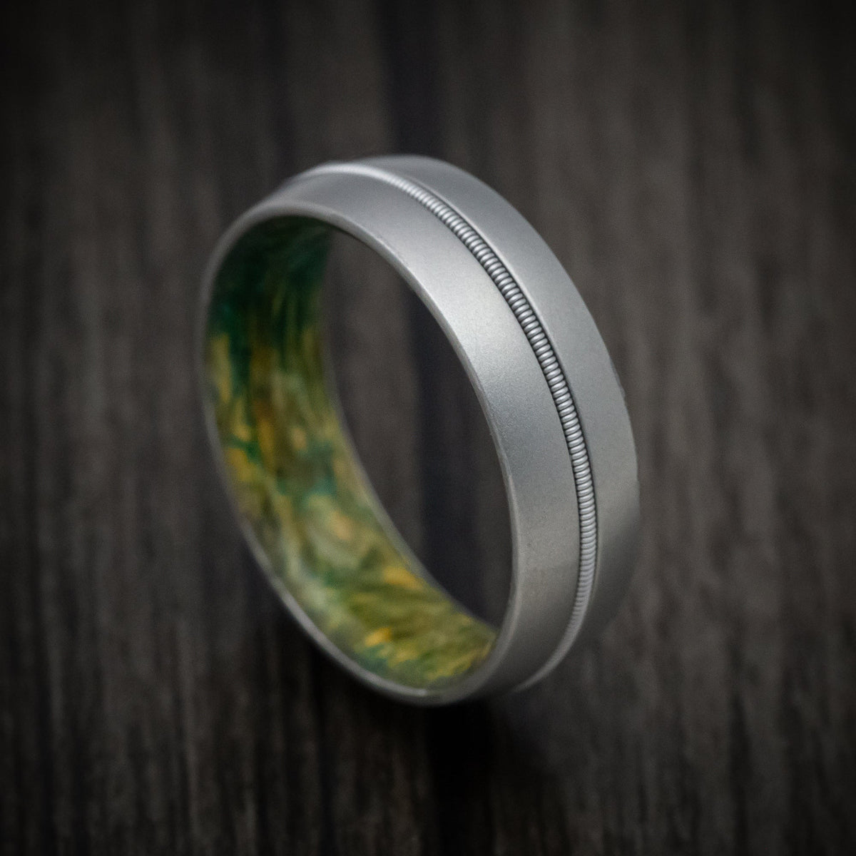 Regent XIII - Cobalt Chrome Men's Wedding Ring with Guitar String Inlay and Green Burl Wood Sleeve - Nura Lab