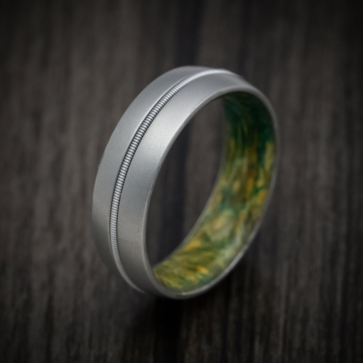 Regent XIII - Cobalt Chrome Men's Wedding Ring with Guitar String Inlay and Green Burl Wood Sleeve - view 3 - Nura Lab