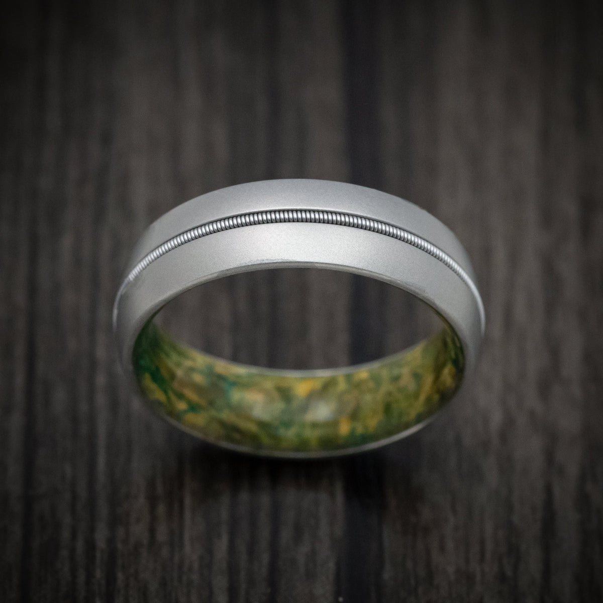 Regent XIII - Cobalt Chrome Men's Wedding Ring with Guitar String Inlay and Green Burl Wood Sleeve - view 2 - Nura Lab