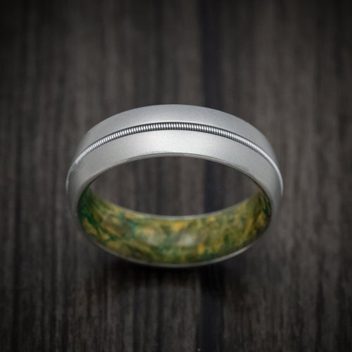Regent XIII - Cobalt Chrome Men's Wedding Ring with Guitar String Inlay and Green Burl Wood Sleeve - view 2 - Nura Lab