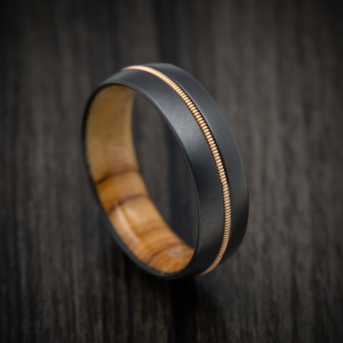 Sovereign XIII - Black Zirconium Men's Wedding Ring with Guitar String Inlay and Wood Sleeve - Nura Lab