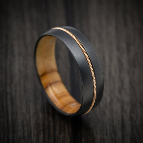 Sovereign XIII - Black Zirconium Men's Wedding Ring with Guitar String Inlay and Wood Sleeve - Nura Lab
