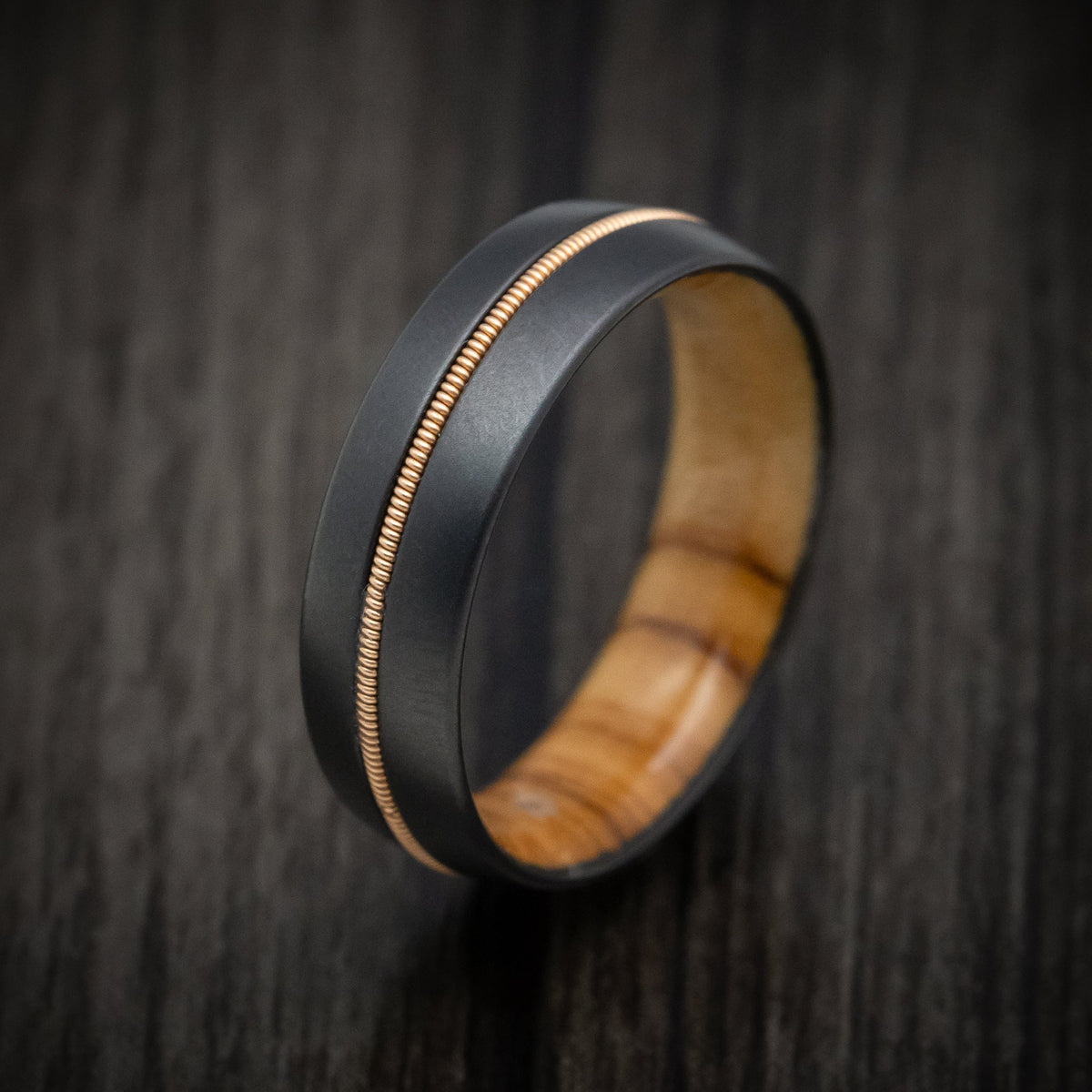 Sovereign XIII - Black Zirconium Men's Wedding Ring with Guitar String Inlay and Wood Sleeve - view 3 - Nura Lab