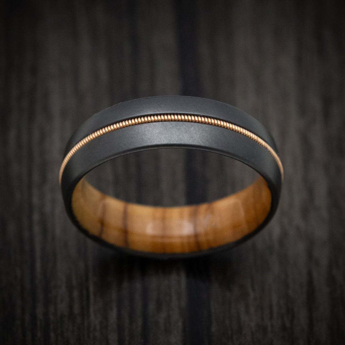 Sovereign XIII - Black Zirconium Men's Wedding Ring with Guitar String Inlay and Wood Sleeve - view 2 - Nura Lab
