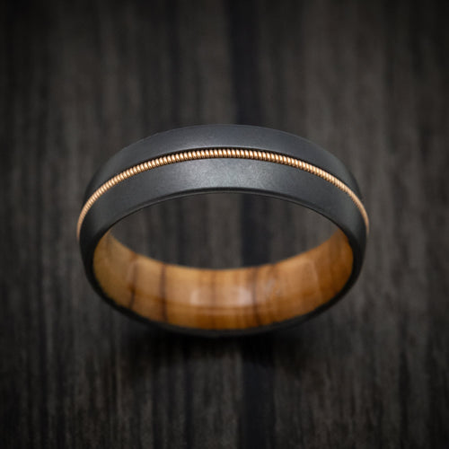 Sovereign XIII - Black Zirconium Men's Wedding Ring with Guitar String Inlay and Wood Sleeve - view 2 - Nura Lab