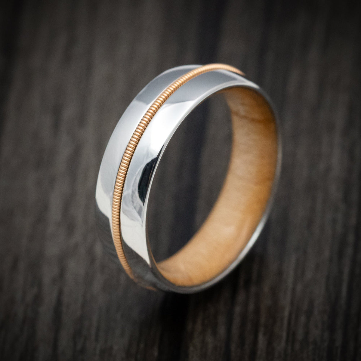 Duke XIII - Cobalt Chrome Men's Wedding Ring with Guitar String Inlay and Wood Sleeve - view 3 - Nura Lab
