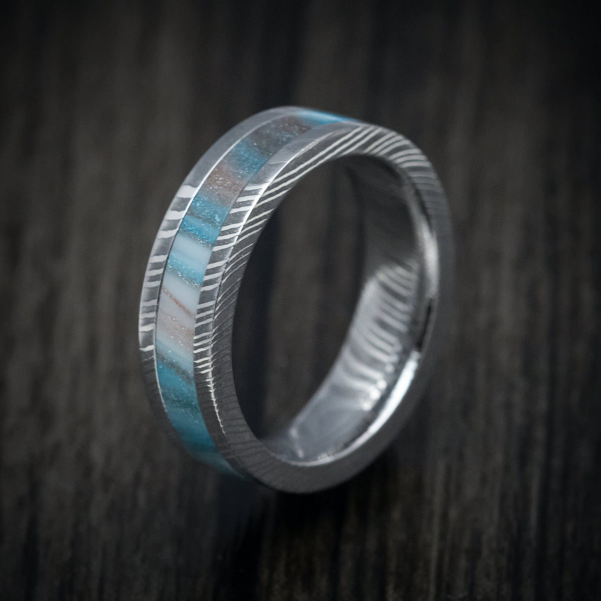Timber XI - Damascus Steel and DiamondCast Inlay Men's Wedding Ring - view 4 - Nura Lab