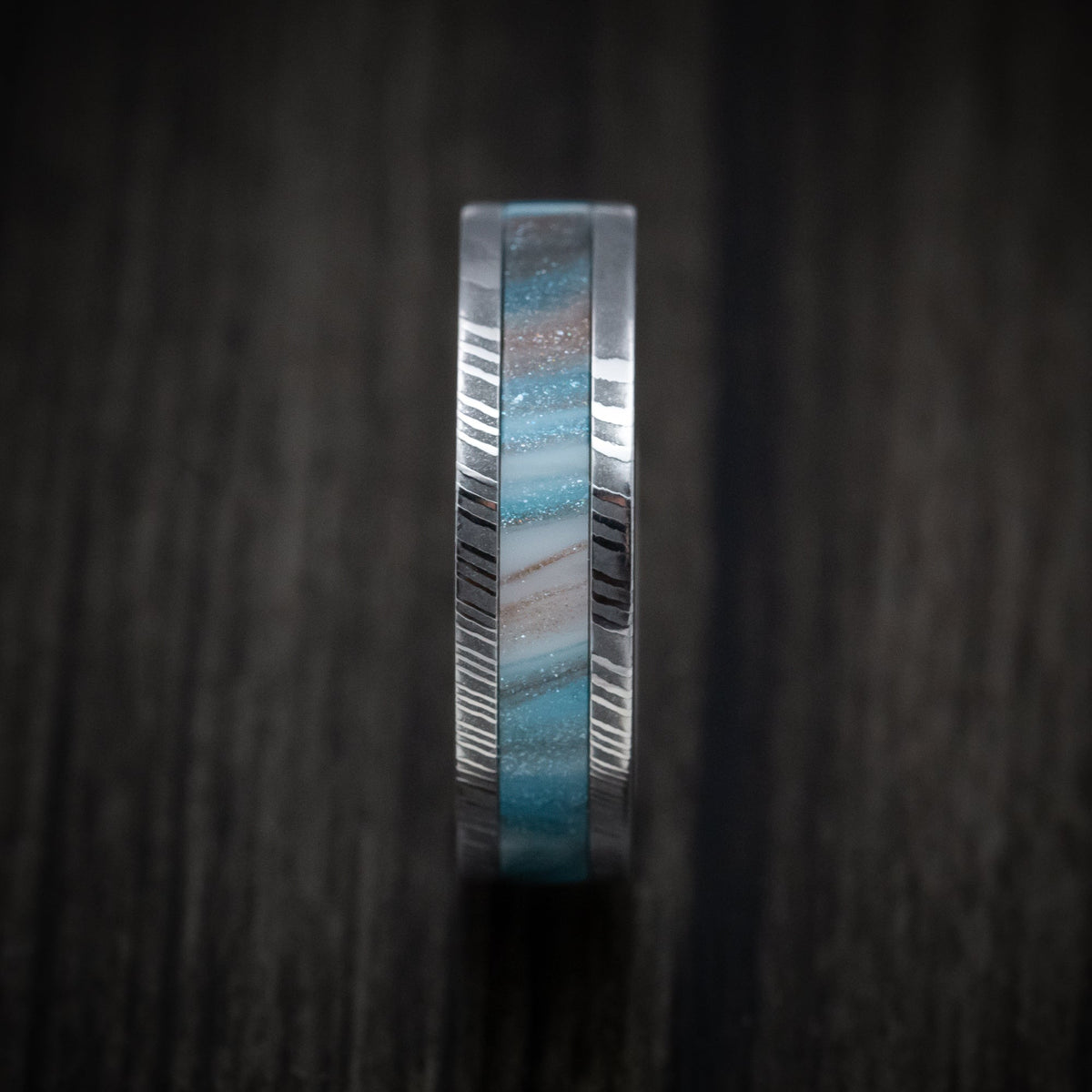 Timber XI - Damascus Steel and DiamondCast Inlay Men's Wedding Ring - view 3 - Nura Lab