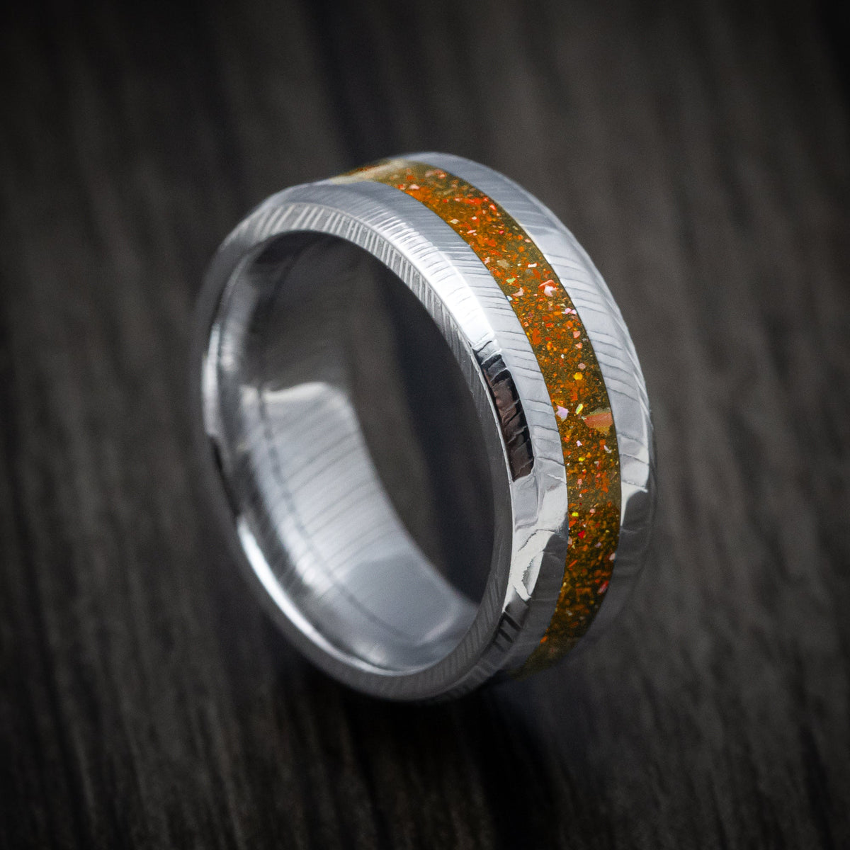 Citadel XI - Damascus Steel and DiamondCast Inlay Men's Wedding Ring - Nura Lab