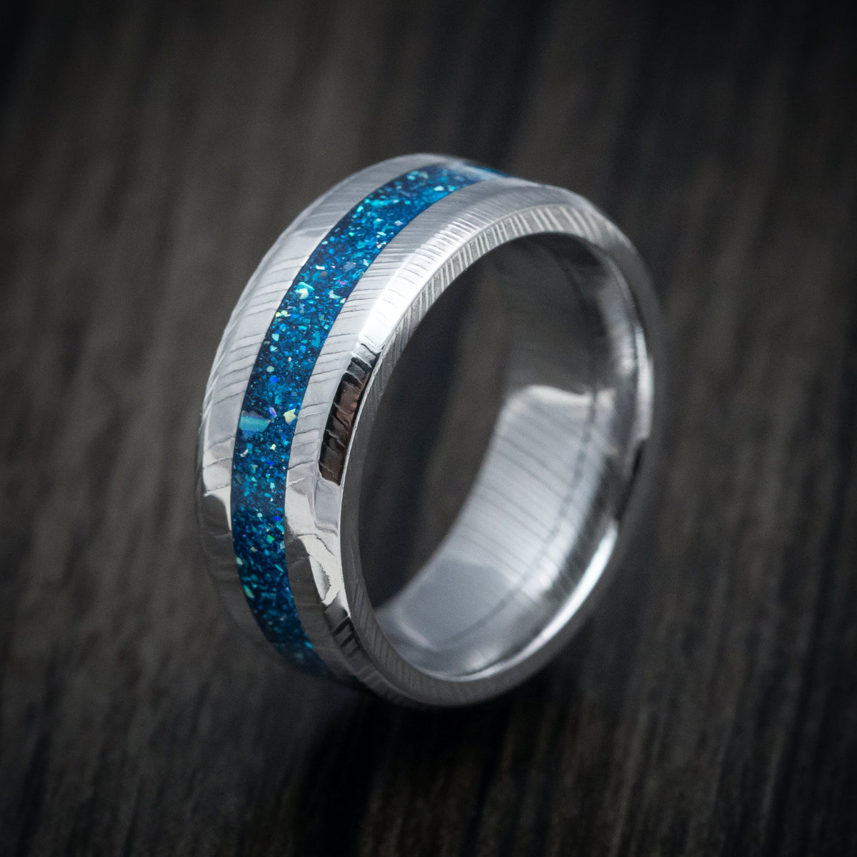Alpine XI - Damascus Steel and DiamondCast Inlay Men's Wedding Ring - view 4 - Nura Lab
