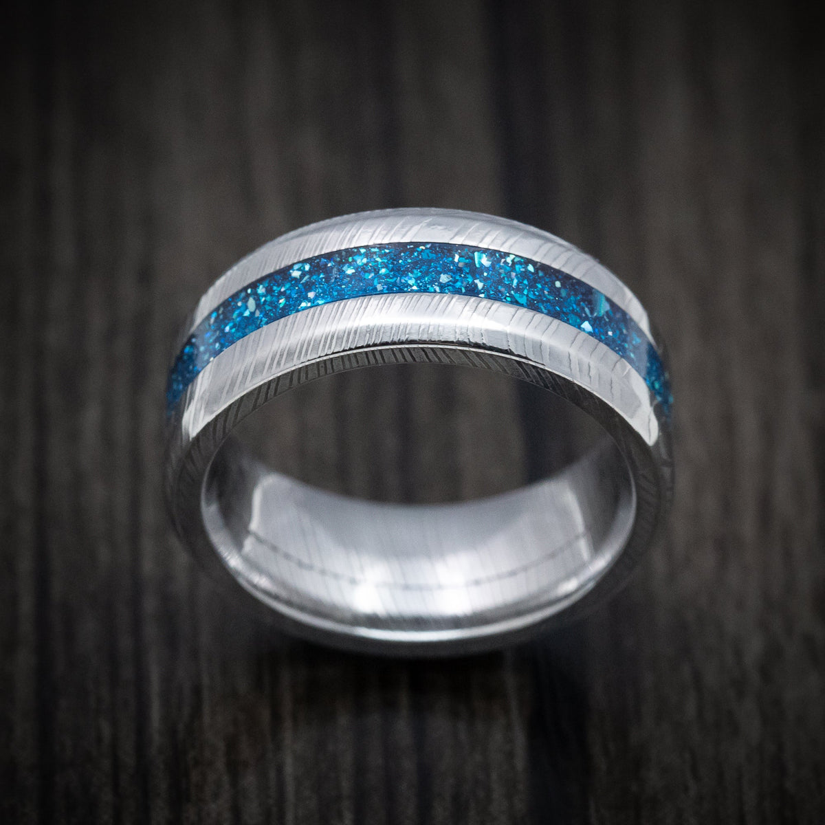 Alpine XI - Damascus Steel and DiamondCast Inlay Men's Wedding Ring - view 2 - Nura Lab