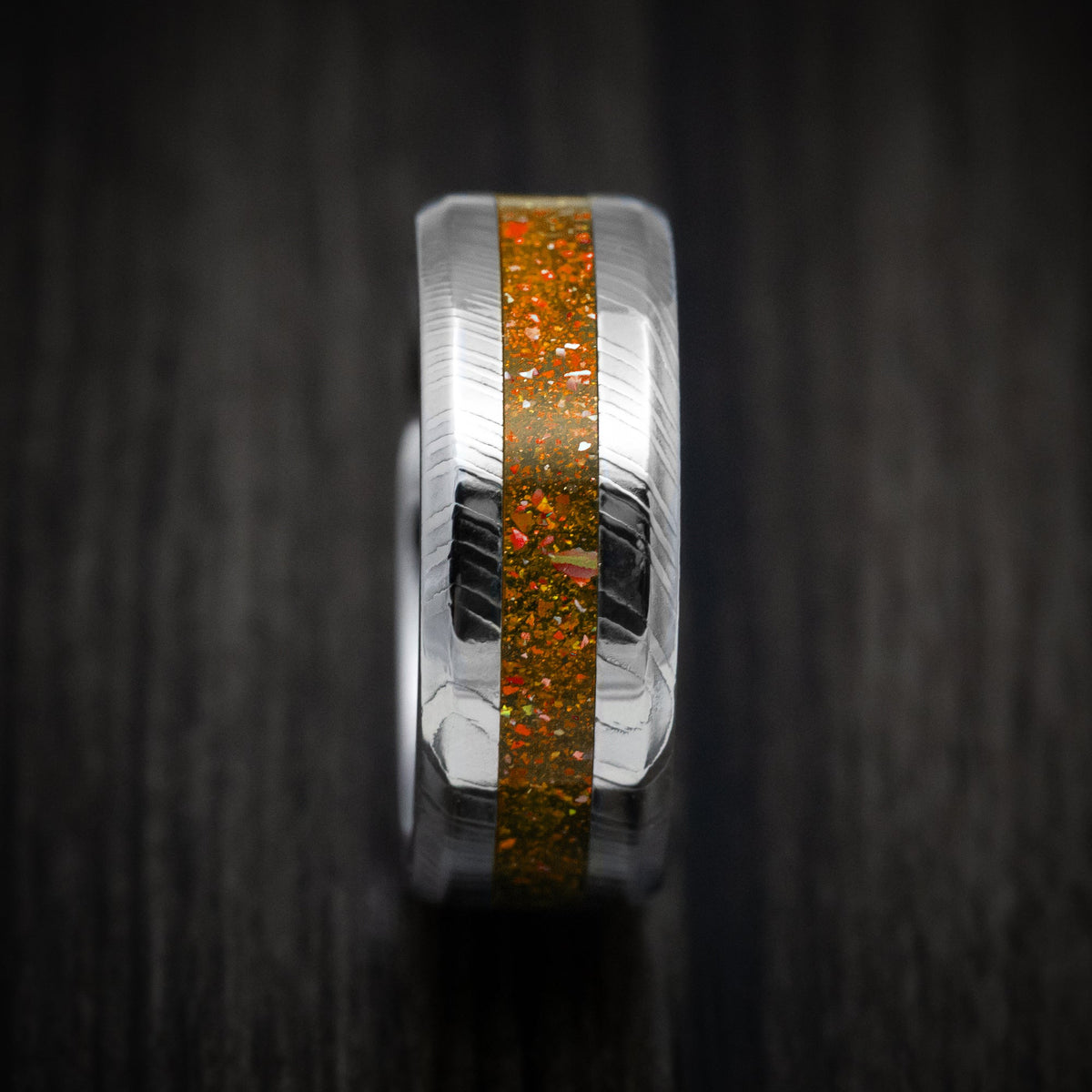 Citadel XI - Damascus Steel and DiamondCast Inlay Men's Wedding Ring - view 3 - Nura Lab