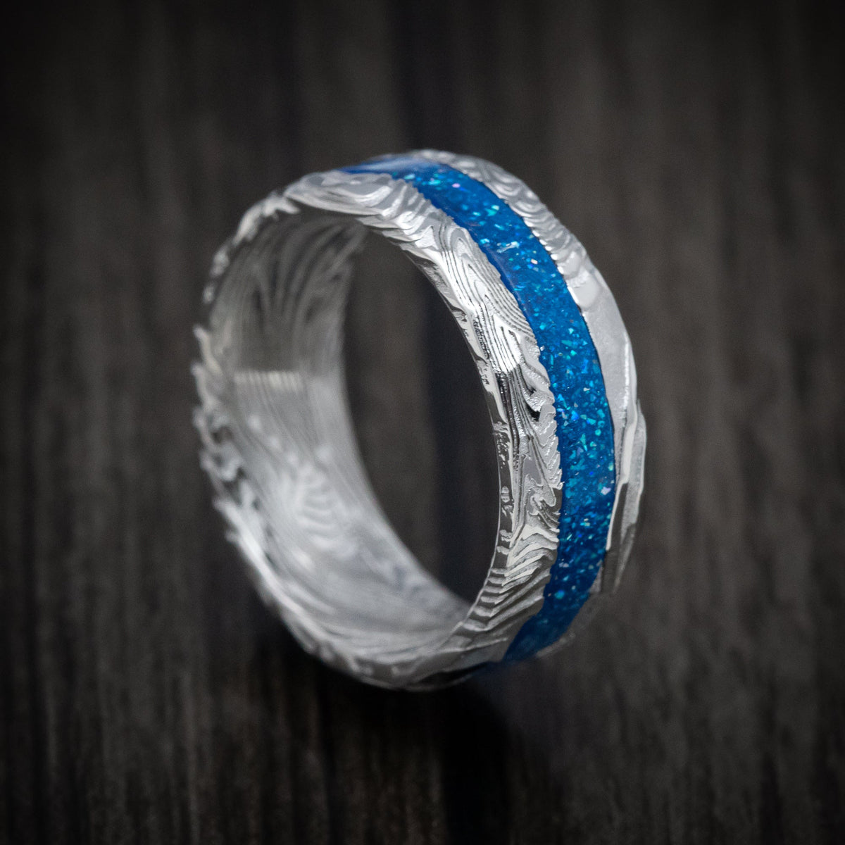 Sentinel XI - Sunset Kuro Damascus Steel and DiamondCast Inlay Men's Wedding Ring - Nura Lab