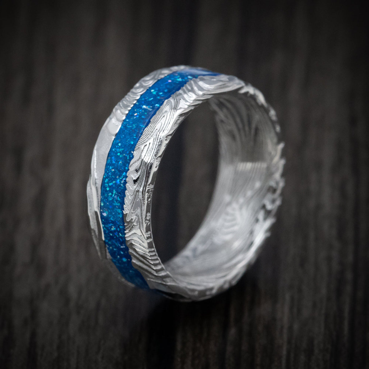 Sentinel XI - Sunset Kuro Damascus Steel and DiamondCast Inlay Men's Wedding Ring - view 4 - Nura Lab