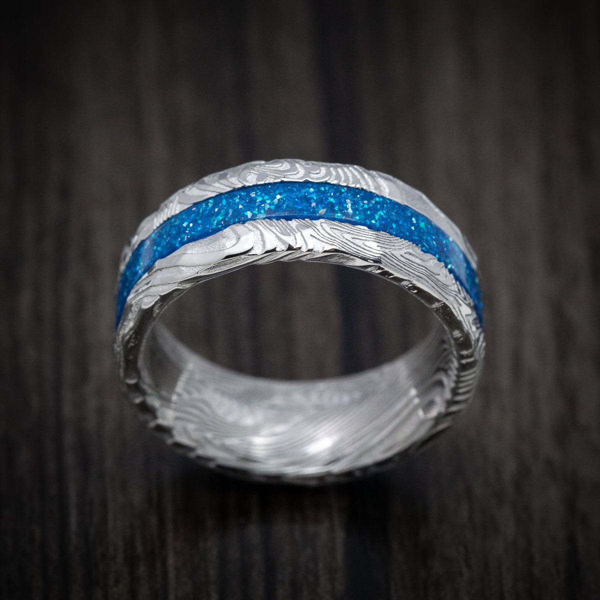 Sentinel XI - Sunset Kuro Damascus Steel and DiamondCast Inlay Men's Wedding Ring - view 2 - Nura Lab