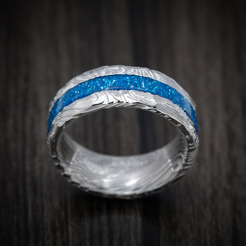 Sentinel XI - Sunset Kuro Damascus Steel and DiamondCast Inlay Men's Wedding Ring - view 2 - Nura Lab