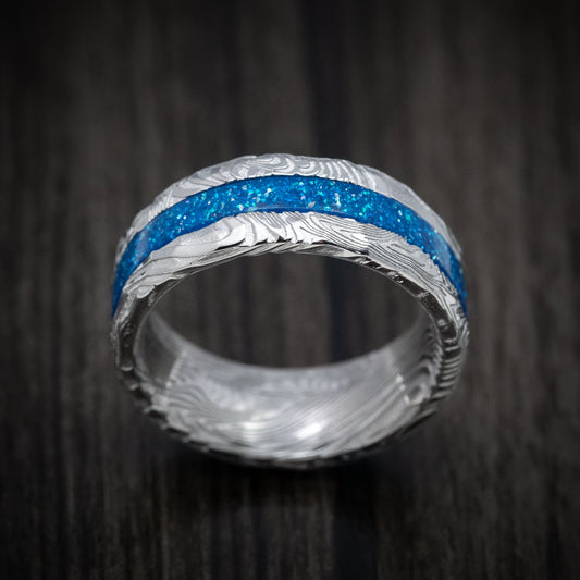 Sentinel XI - Sunset Kuro Damascus Steel and DiamondCast Inlay Men's Wedding Ring - view 2 - Nura Lab