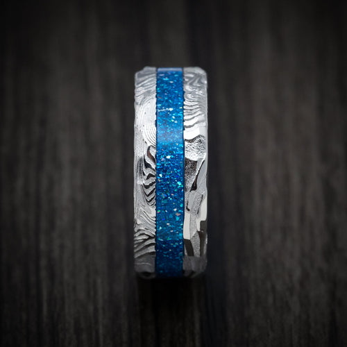 Sentinel XI - Sunset Kuro Damascus Steel and DiamondCast Inlay Men's Wedding Ring - view 3 - Nura Lab