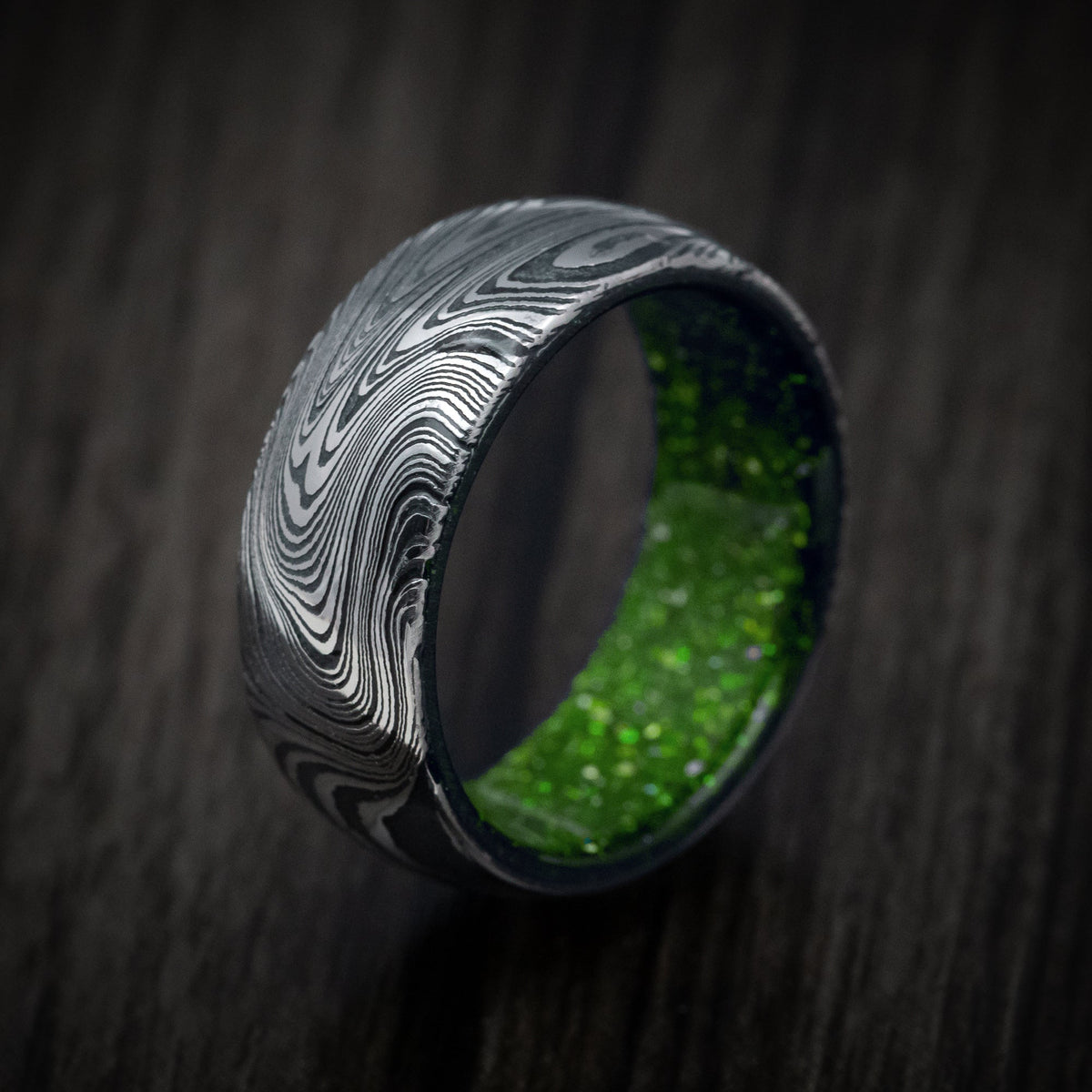 Navigator IX - Marble Kuro Damascus Steel and DiamondCast Sleeve Men's Wedding Ring - view 4 - Nura Lab
