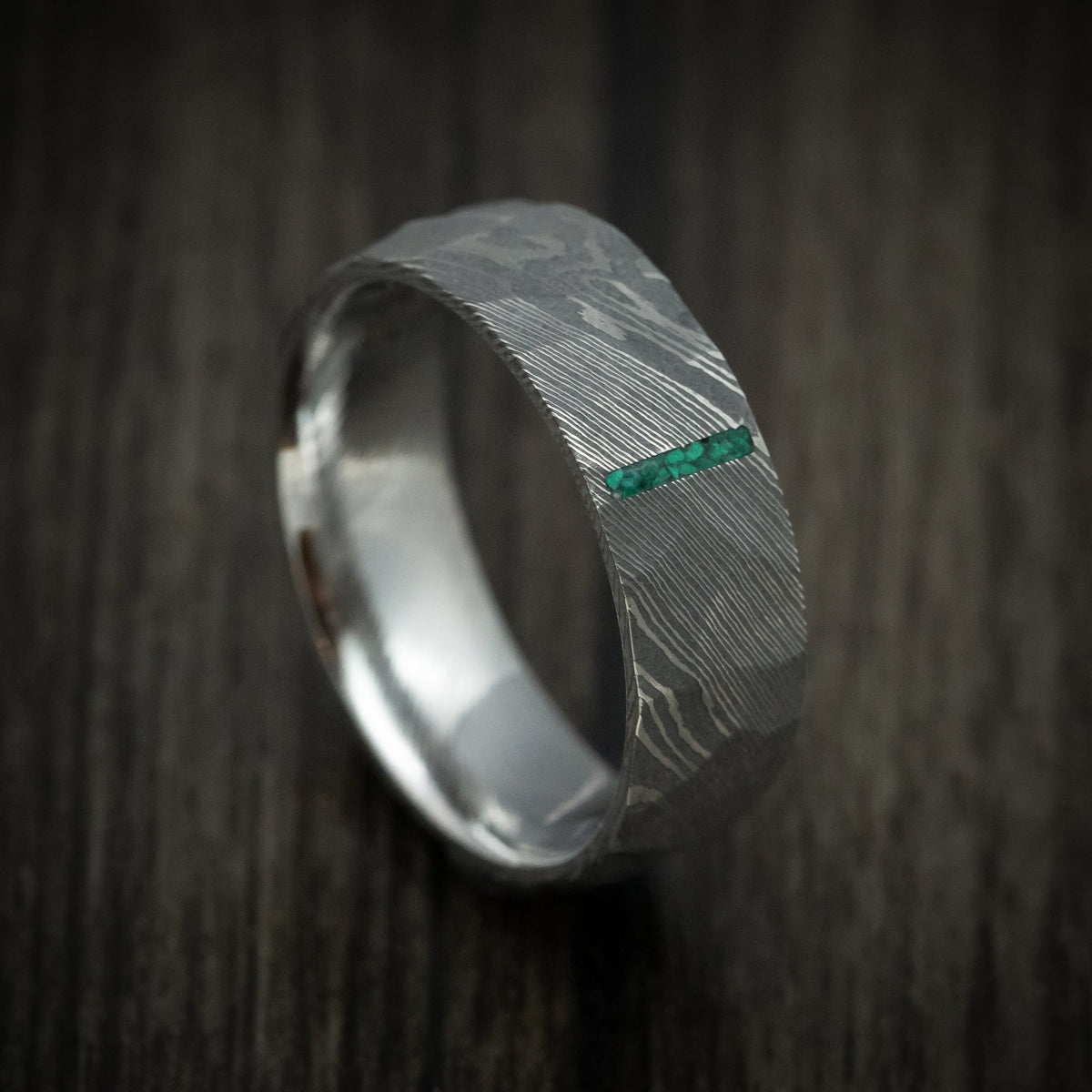 Mariner IX - Damascus Steel Men's Wedding Ring with Stone Vertical Inlay Band - Nura Lab
