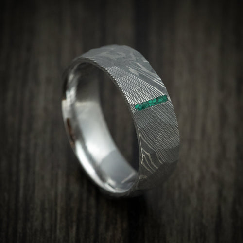 Mariner IX - Damascus Steel Men's Wedding Ring with Stone Vertical Inlay Band - Nura Lab