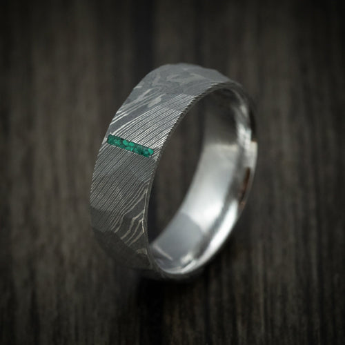 Mariner IX - Damascus Steel Men's Wedding Ring with Stone Vertical Inlay Band - view 4 - Nura Lab