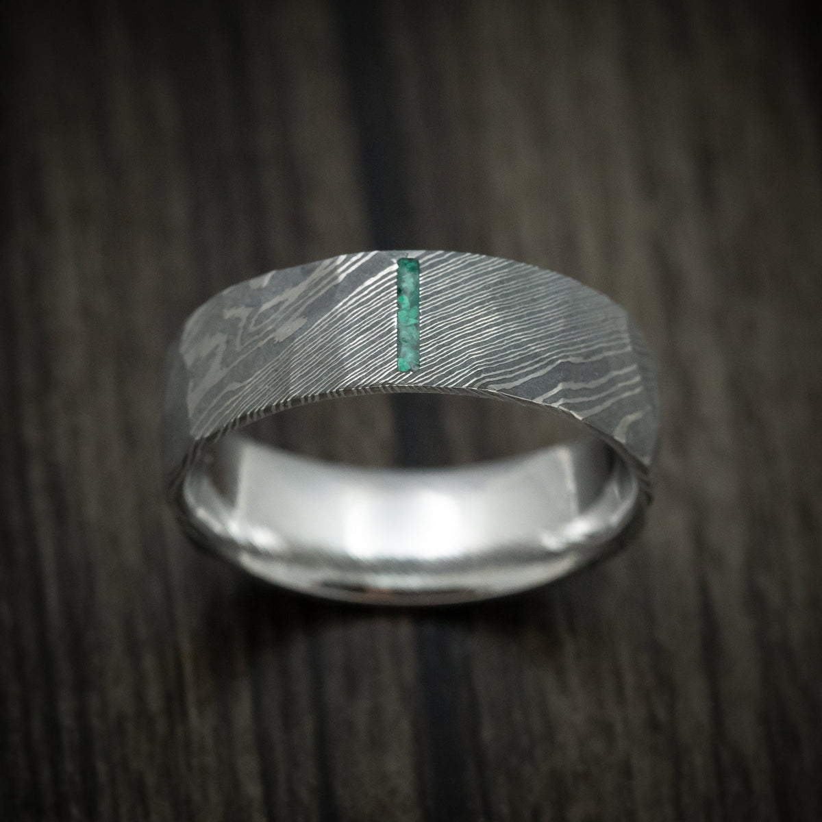 Mariner IX - Damascus Steel Men's Wedding Ring with Stone Vertical Inlay Band - view 2 - Nura Lab