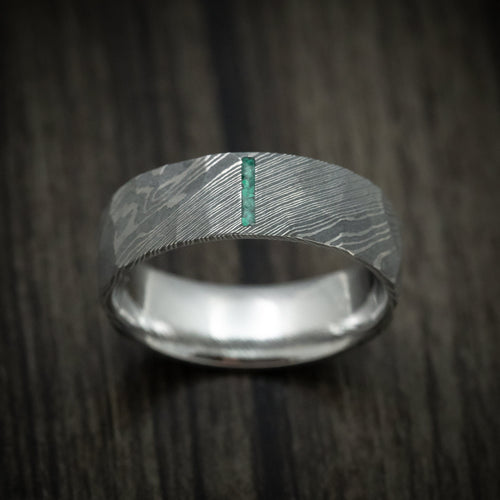 Mariner IX - Damascus Steel Men's Wedding Ring with Stone Vertical Inlay Band - view 2 - Nura Lab