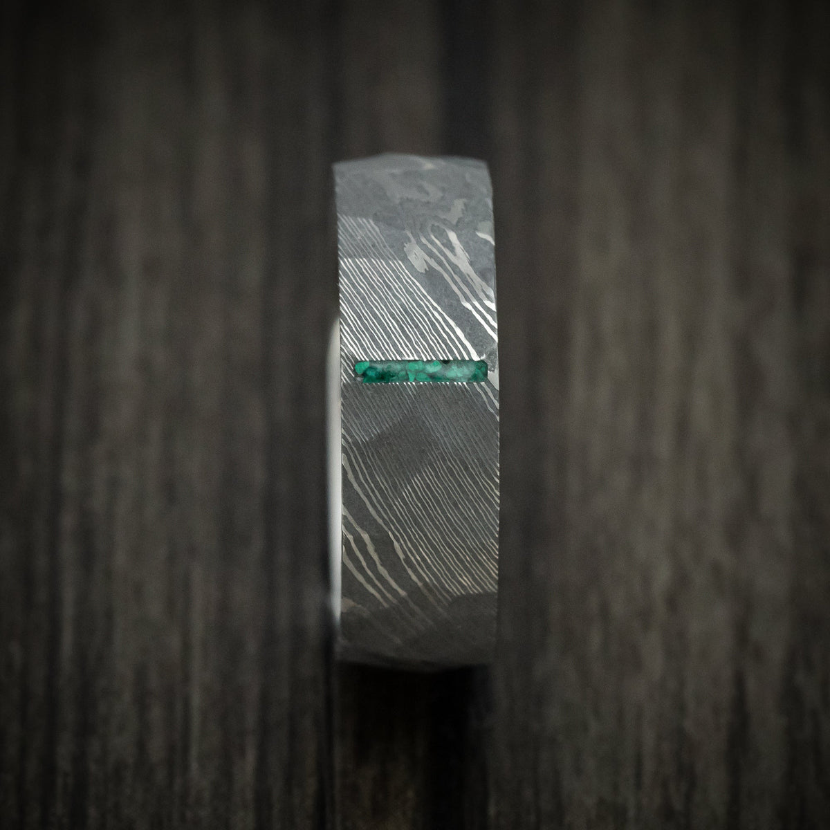Mariner IX - Damascus Steel Men's Wedding Ring with Stone Vertical Inlay Band - view 3 - Nura Lab