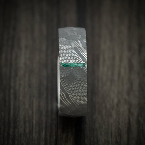 Mariner IX - Damascus Steel Men's Wedding Ring with Stone Vertical Inlay Band - view 3 - Nura Lab