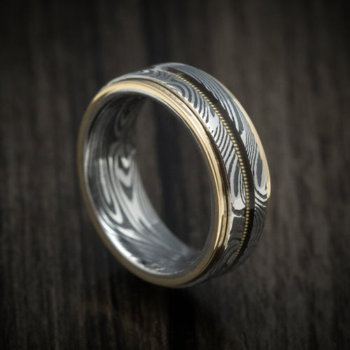Augustus X - Sunset Kuro Damascus Steel and Guitar String Men's Wedding Ring with Gold Edges - Nura Lab