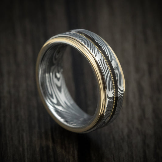 Augustus X - Sunset Kuro Damascus Steel and Guitar String Men's Wedding Ring with Gold Edges - Nura Lab