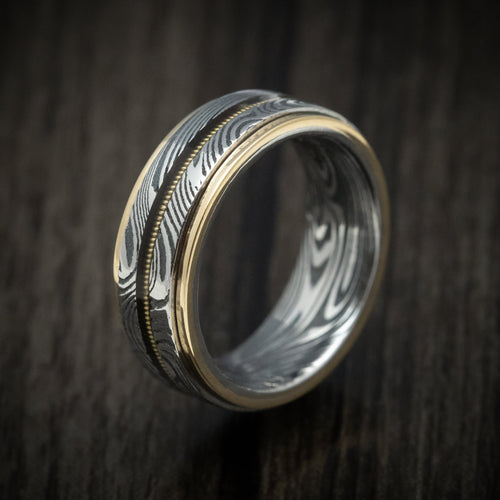 Augustus X - Sunset Kuro Damascus Steel and Guitar String Men's Wedding Ring with Gold Edges - view 4 - Nura Lab