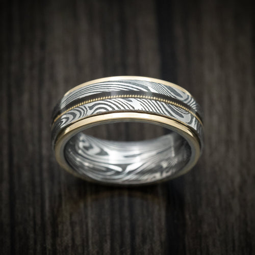 Augustus X - Sunset Kuro Damascus Steel and Guitar String Men's Wedding Ring with Gold Edges - view 2 - Nura Lab