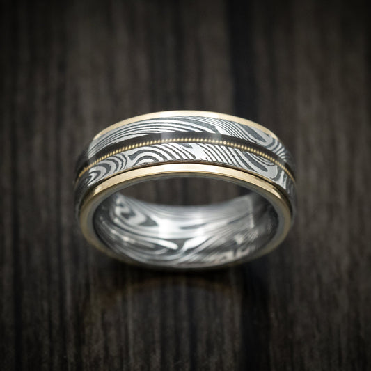 Augustus X - Sunset Kuro Damascus Steel and Guitar String Men's Wedding Ring with Gold Edges - view 2 - Nura Lab