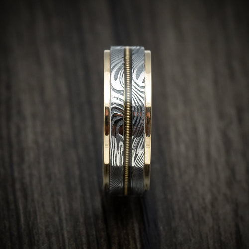 Augustus X - Sunset Kuro Damascus Steel and Guitar String Men's Wedding Ring with Gold Edges - view 3 - Nura Lab