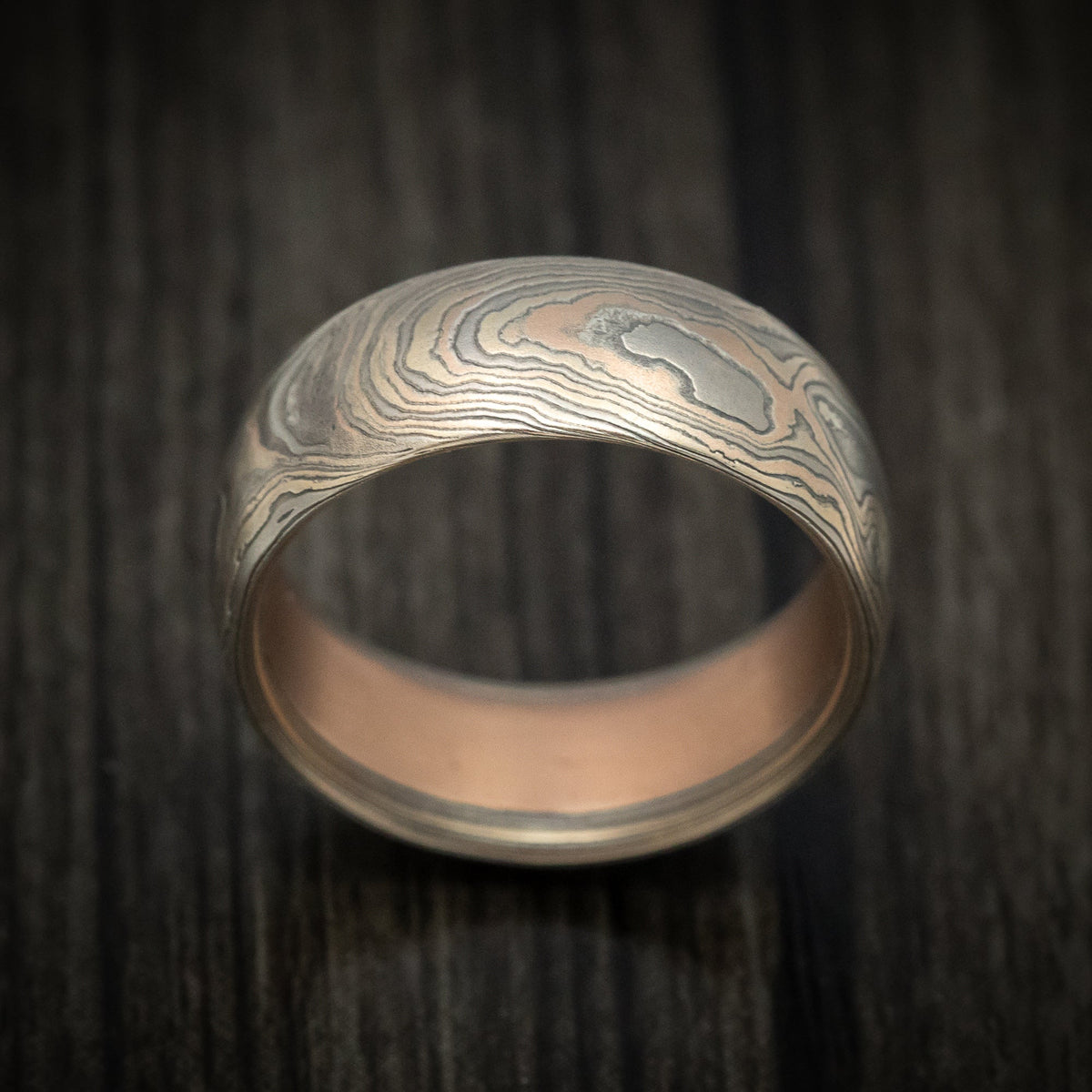 Evernorth XII - Handmade 14K Mokume Gane Woodgrain Pattern Men's Wedding Ring - view 2 - Nura Lab