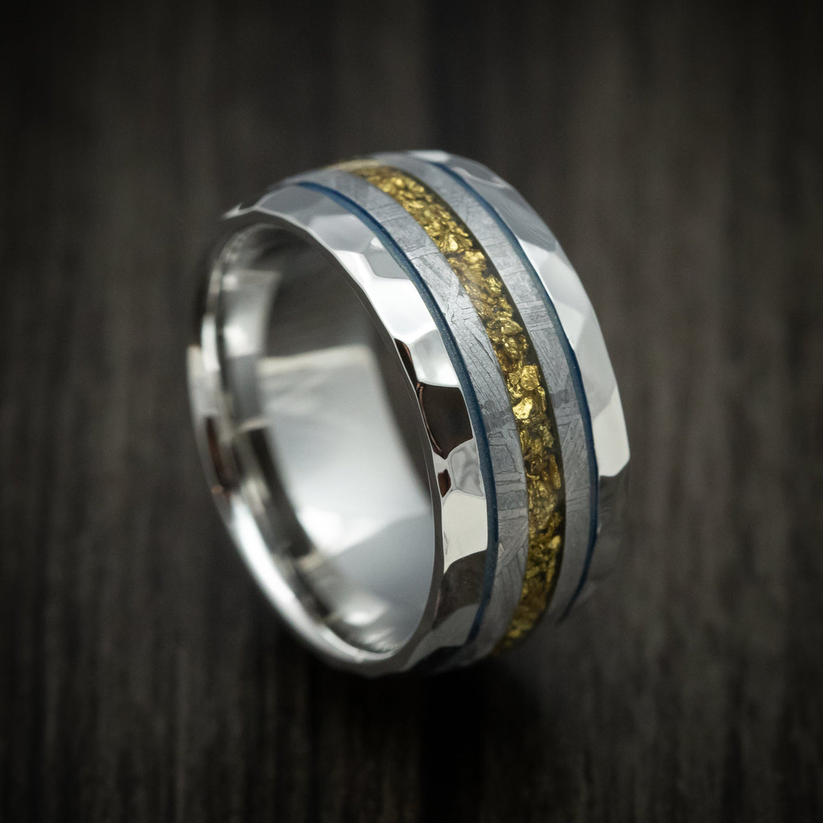 Southern Cross XVII - Cobalt Men's Wedding Ring with Gibeon Meteorite and Gold Nugget Inlays Band - Nura Lab